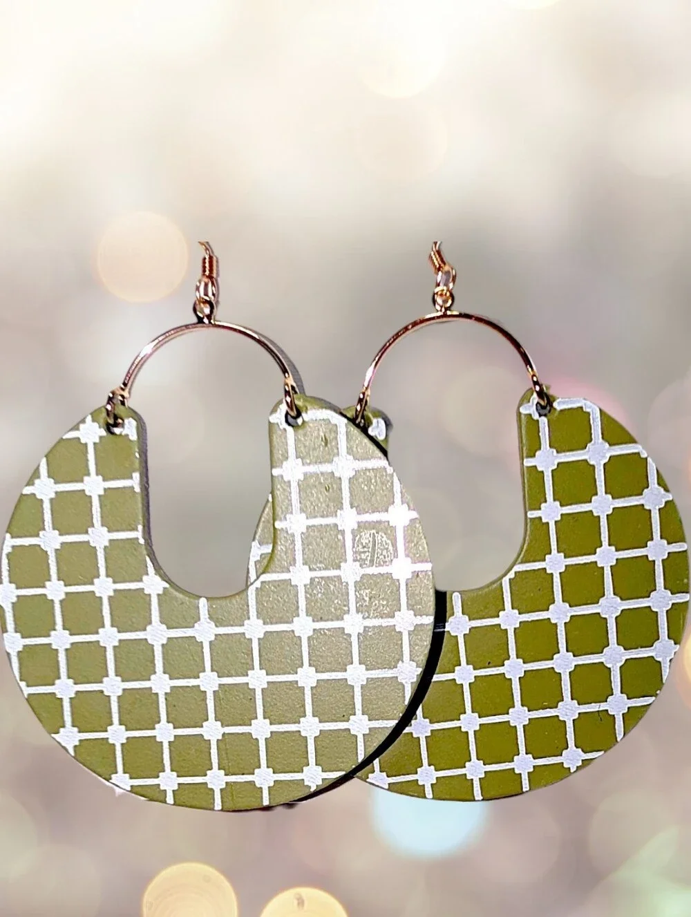 Olive Grid Pattern Round Drop Earrings